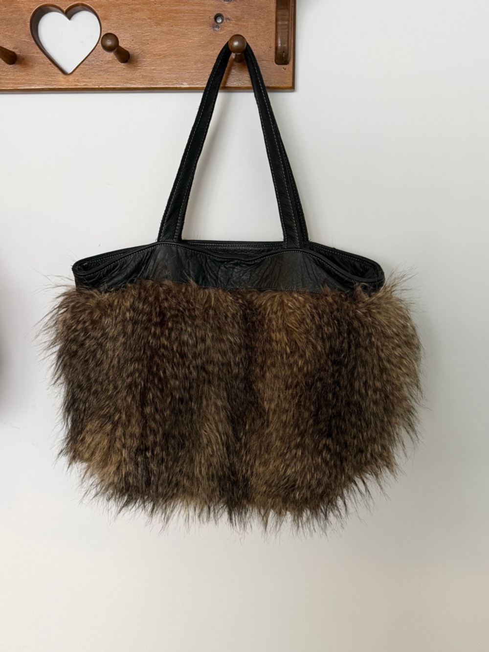 Faux Fur Brown Tote Bag with Black Leather Trim